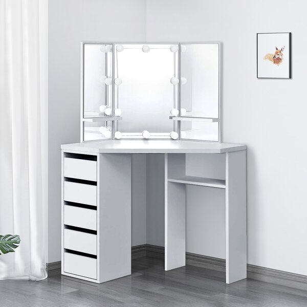 ML-Design tavolo da toilette bianco, tavolo da toilette con illuminazione LED, 3 specchi, sgabello, 5 cassetti e 3 vani portaoggetti, 110x141,5x54 cm, tavolo cosmetico in legno MDF