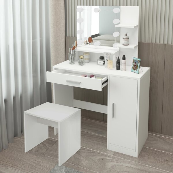 ML-Design tavolo da toilette bianco con sgabello, tavolo da toilette con illuminazione a LED, specchio, con 1 cassetto, 3 scomparti e armadietto, 90x38x137 cm, in legno MDF