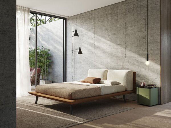 Petra letto di design bicolore con cuscini in piuma, piedini in mogano