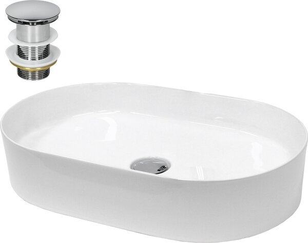Lavabo LuxeBath Lavabo da appoggio ovale, 60,5x38x12,5 cm, bianco, in Vetroceramica, incl. set di scarico senza troppopieno