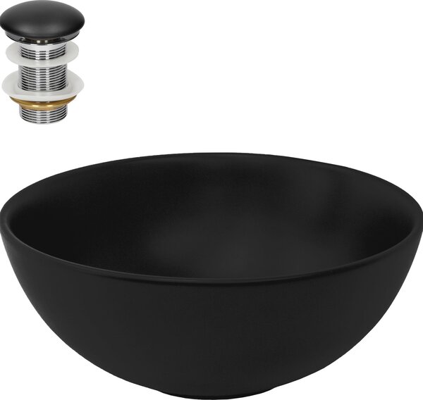 Lavabo LuxeBath Lavabo da appoggio rotondo, Ø 32x13,5 cm, nero opaco, in Vetroceramica, incl. set di scarico senza troppopieno