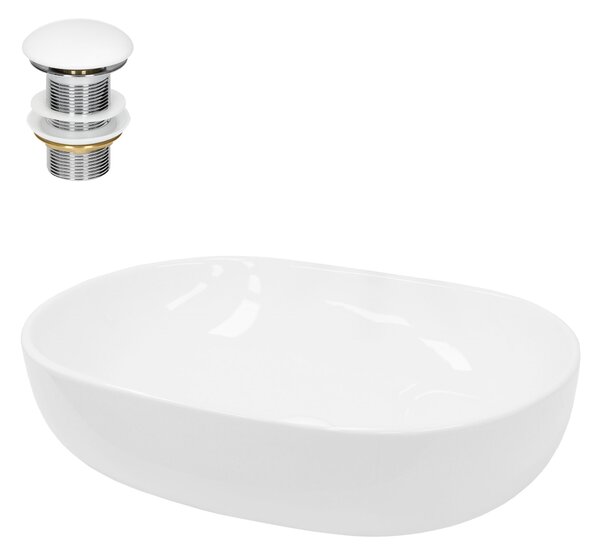 Lavabo LuxeBath Lavabo da appoggio ovale, 60x42x14,5 cm, bianco, in Vetroceramica, incl. set di scarico senza troppopieno
