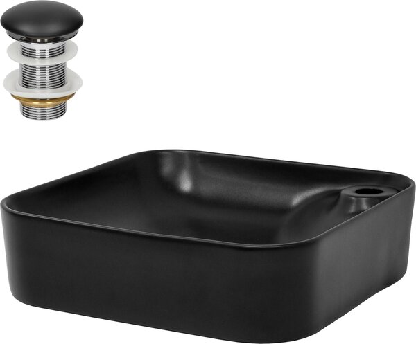 LuxeBath Lavabo da appoggio Square, 43x43x12 cm, nero, in Vetroceramica, incl. set di scarico senza troppopieno