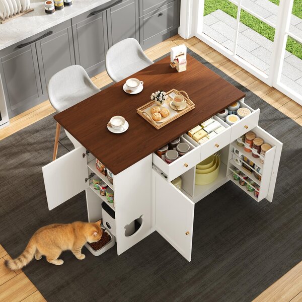Isola da cucina con piano di lavoro estendibile, dimensioni 120 × 40–70 × 90 cm, 3 cassetti, finitura bianca e noce