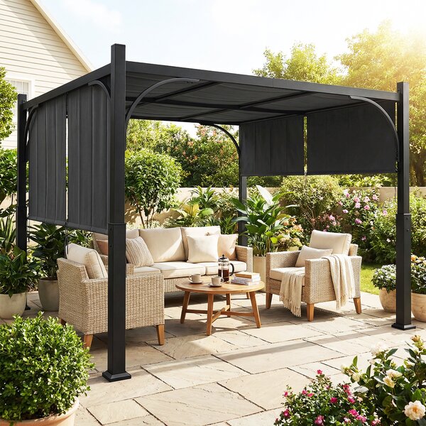 Outsunny Pergola da giardino 3x3 m con tenda scorrevole e struttura metallica, grigio scuro | Aosom Italy