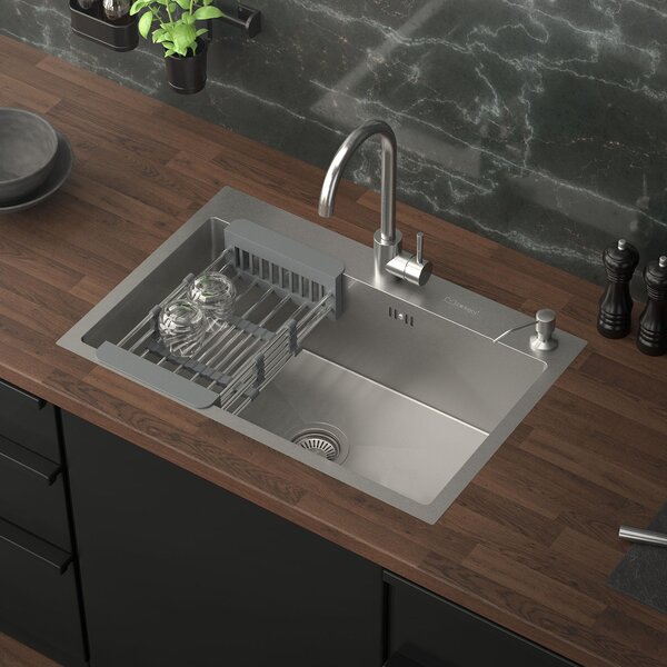 Lavello da cucina ML-Design con scarico a scomparsa e dispenser di sapone, argento, in acciaio inox