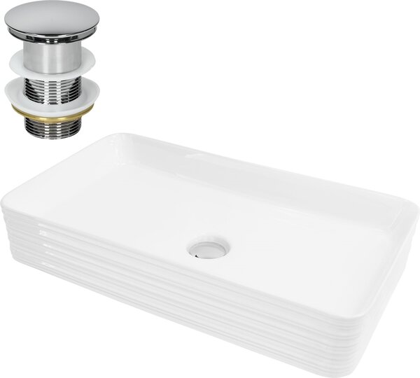 LuxeBath Lavabo Lavabo da appoggio Square, 68x38x12 cm, bianco, in Vetroceramica, incl. set di scarico senza troppopieno