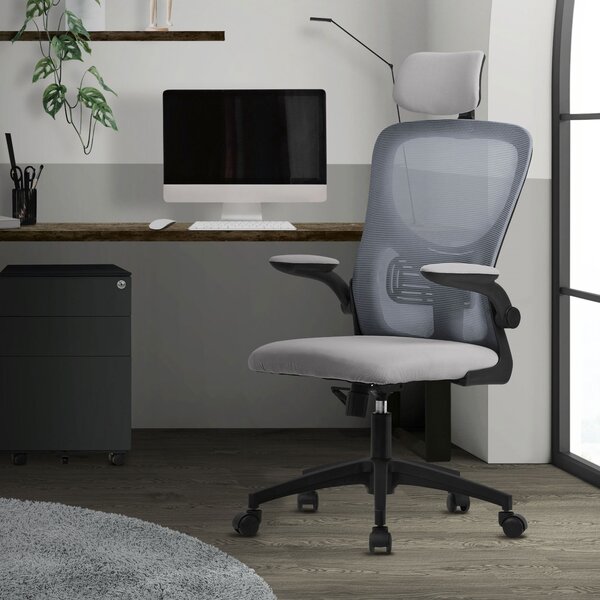 Sedia da ufficio ergonomica ML-Design, grigia, in rete, con poggiatesta regolabile
