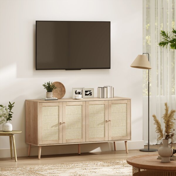 HOMCOM Credenza con ante in cannage e ripiano regolabile, 140x40x75 cm, effetto legno naturale | Aosom Italy