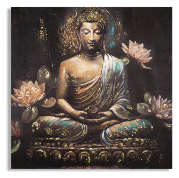 Dipinto su Tela Buddha 100x100x3 cm Cornice in Legno di Pino Multicolor
