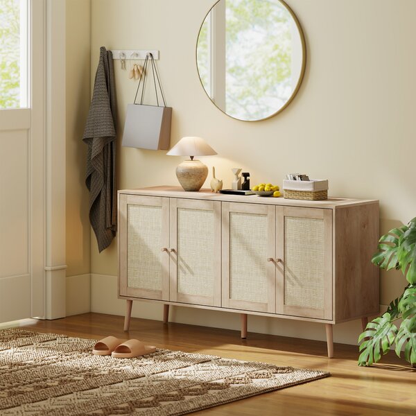HOMCOM Credenza con ante in cannage e ripiano regolabile, 140x40x75 cm, effetto legno naturale | Aosom Italy