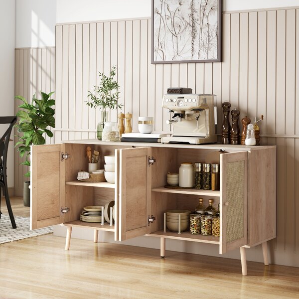 HOMCOM Credenza con ante in cannage e ripiano regolabile, 140x40x75 cm, effetto legno naturale | Aosom Italy