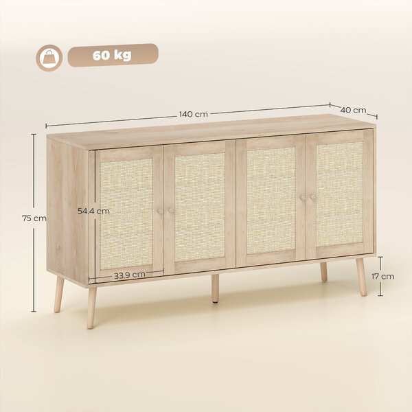 HOMCOM Credenza con ante in cannage e ripiano regolabile, 140x40x75 cm, effetto legno naturale | Aosom Italy