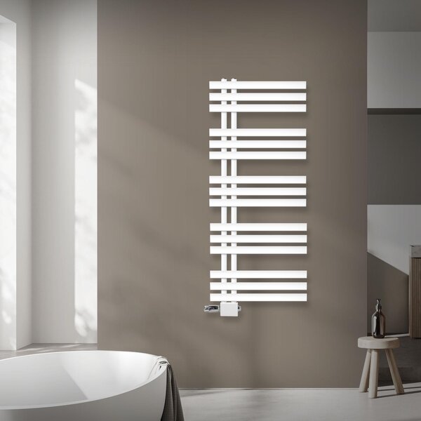 Radiatore da bagno LuxeBath Design, 500x1200 mm, bianco, set di collegamento termostatico ad angolo universale e passante, senza elemento riscaldante