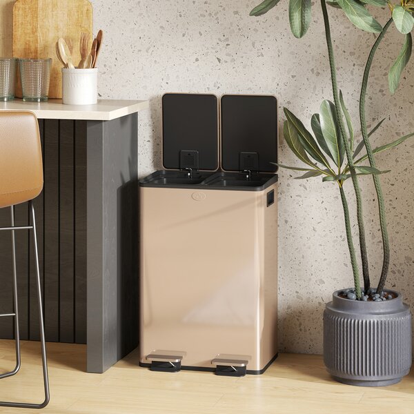 HOMCOM Pattumiera da cucina 2x28 L con chiusura ammortizzata, acciaio inox, oro | Aosom Italy