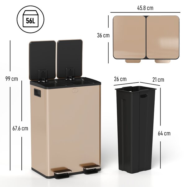 HOMCOM Pattumiera da cucina 2x28 L con chiusura ammortizzata, acciaio inox, oro | Aosom Italy
