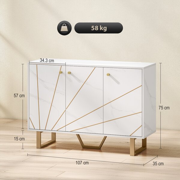 HOMCOM Mobile buffet con 3 porte, mensola regolabile e piedi in metallo, effetto marmo bianco | Aosom Italy