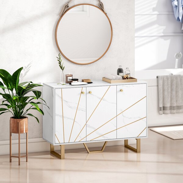 HOMCOM Mobile buffet con 3 porte, mensola regolabile e piedi in metallo, effetto marmo bianco | Aosom Italy