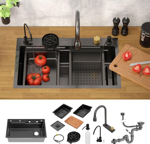 Lavello ML-Design in acciaio inox, antracite, con rubinetto estraibile