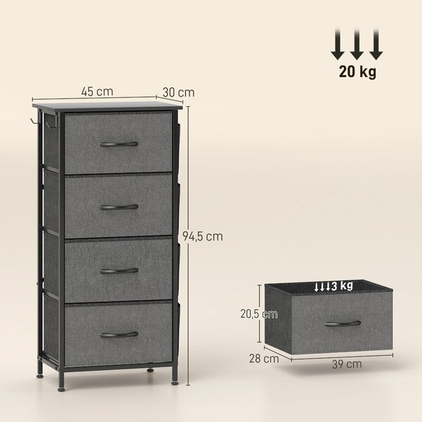 HOMCOM Cassettiera in tessuto con 4 cassetti, 4 tasche e 2 ganci, 45x30x94,5 cm, grigio | Aosom Italy