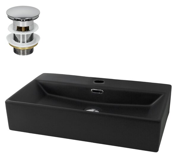 LuxeBath Lavabo da appoggio Square, 60,5x36,5x13 cm, nero, in Vetroceramica, incl. set di scarico con troppopieno