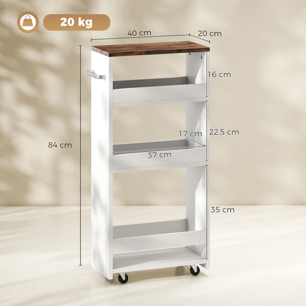 HOMCOM Carrello da cucina sottile a 3 livelli con ruote, bianco | Aosom Italy