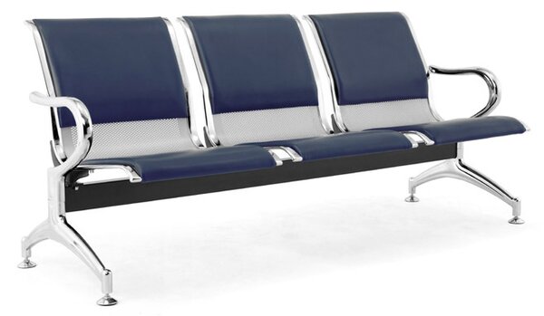 Panca per Sala Attesa 3 Posti da Ufficio con Cuscino in Acciaio e Similpelle Argento/Blu Navy