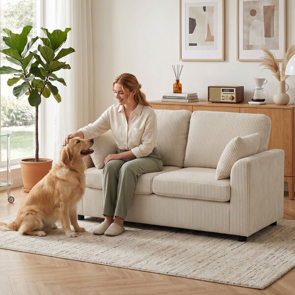 HOMCOM Divano 2 posti in velluto a coste con seduta imbottita e 2 cuscini, 144 cm, beige | Aosom Italy