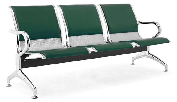 Panca per Sala Attesa 3 Posti da Ufficio con Cuscino in Acciaio e Similpelle Argento/Verde bosco