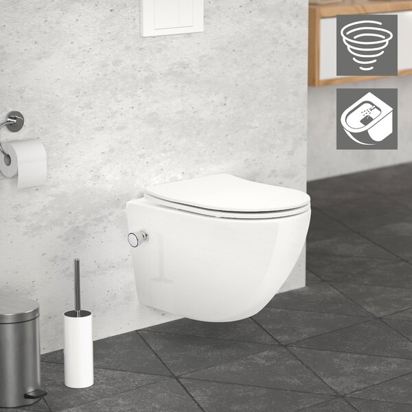 LuxeBath WC sospeso senza bordo con funzione bidet, bianco, corto, scarico tornado