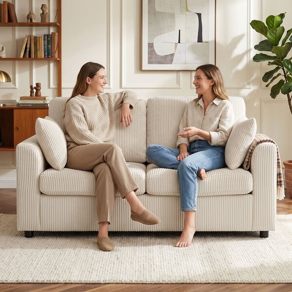 HOMCOM Divano 2 posti in velluto a coste con seduta imbottita e 2 cuscini, 144 cm, beige | Aosom Italy