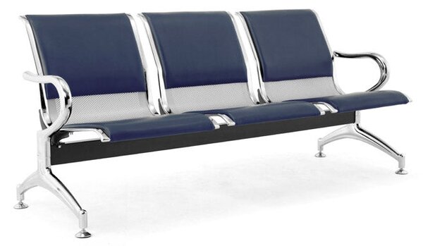 Panca per Sala Attesa 3 Posti da Ufficio con Cuscino in Acciaio e Similpelle Argento/Blu Navy
