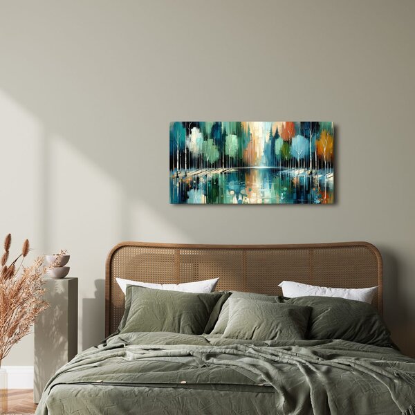 Quadro su tela – Alberi autunnali vicino all'acqua