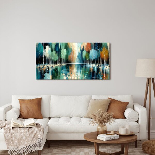Quadro su tela – Alberi autunnali vicino all'acqua