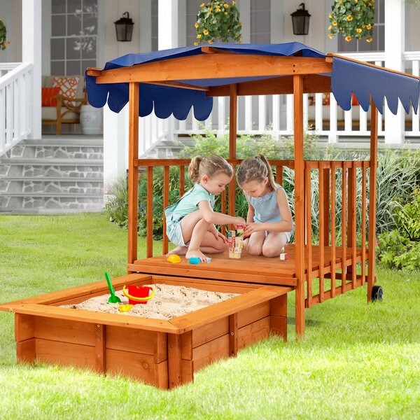 Costway Sabbiera per bambini con tettoia e ruote posteriori, Sabbiera con parapetti di sicurezza per cortile e spiaggia