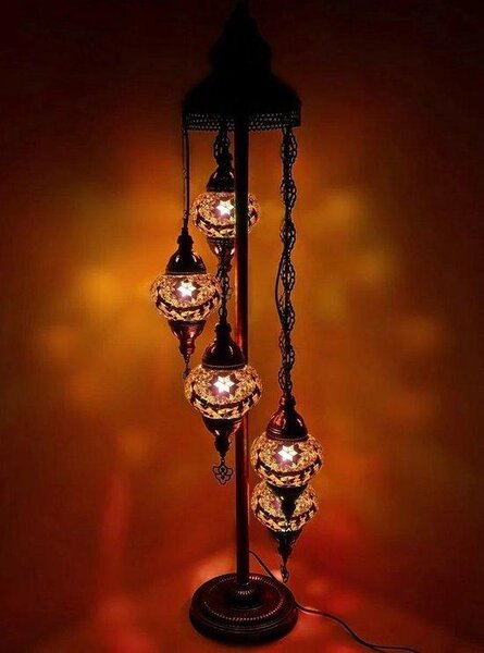 Lampada da terra turca con mosaico realizzata a mano in marrone con 5 sfere di vetro – Decorazione orientale per la tua casa