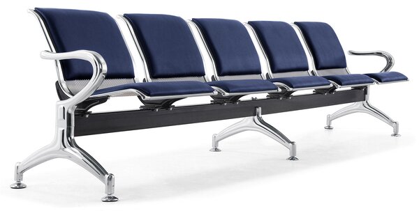 Panca per Sala Attesa 5 Posti da Ufficio con Cuscino in Acciaio e Similpelle Argento/Blu Navy