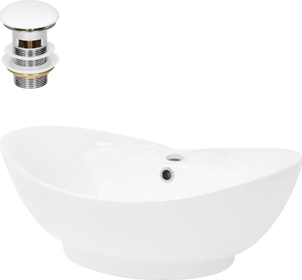 Lavabo LuxeBath Lavabo da appoggio ovale, 59x39,5x20,5 cm, bianco, Vetroceramica, incl. set di scarico con troppopieno