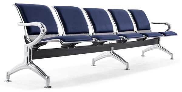 Panca per Sala Attesa 5 Posti da Ufficio con Cuscino in Acciaio e Similpelle Argento/Blu Navy