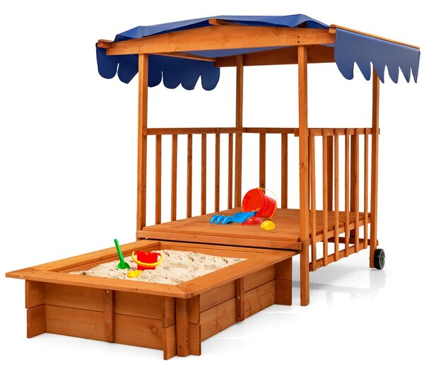 Costway Sabbiera per bambini con tettoia e ruote posteriori, Sabbiera con parapetti di sicurezza per cortile e spiaggia