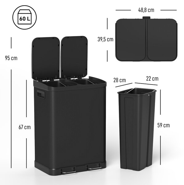 HOMCOM Pattumiera da cucina 2x30 L con pedale e chiusura ammortizzata, acciaio inox, nero | Aosom Italy