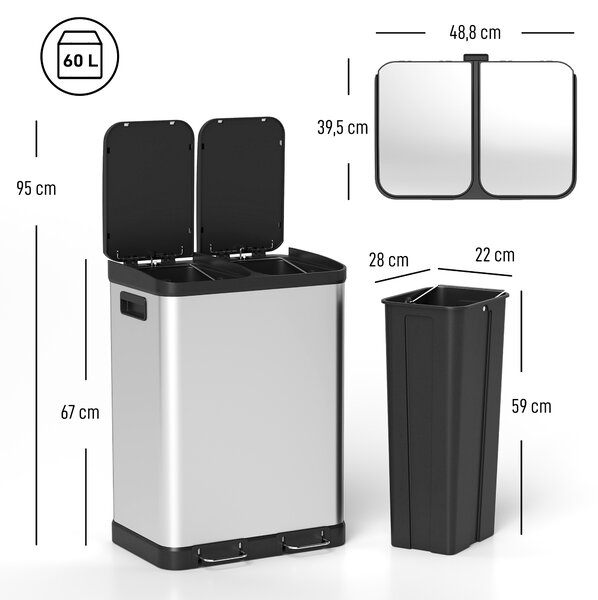 HOMCOM Pattumiera da cucina 2x30 L con pedale e chiusura ammortizzata, acciaio inox, argento | Aosom Italy