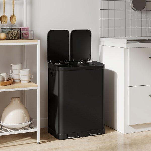 HOMCOM Pattumiera da cucina 2x30 L con pedale e chiusura ammortizzata, acciaio inox, nero | Aosom Italy