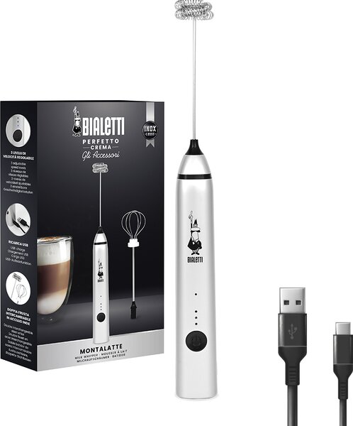 Bialetti Frullino Montalatte Whipper Regolabile su 3 Livelli con Doppia Frusta Ricarica USB colore Inox - WHIPPER PRO SILVER