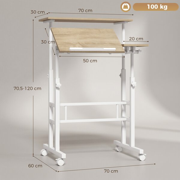 HOMCOM Scrivania sit-stand regolabile con ruote e piano inclinabile, 70x60 cm, marrone | Aosom Italy