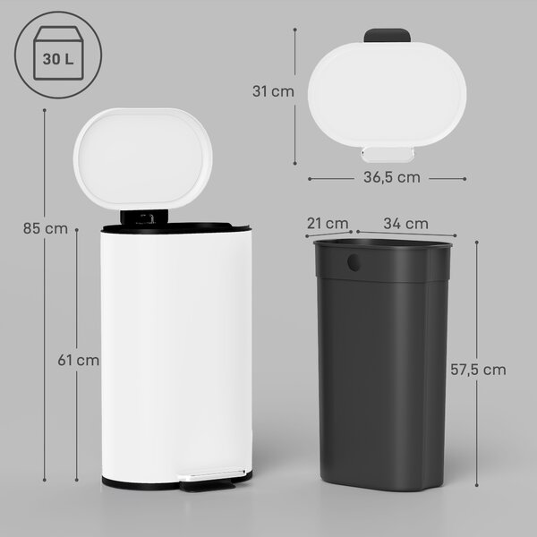 HOMCOM Bidone da cucina 30 L con pedale, secchio rimovibile e chiusura morbida, bianco | Aosom Italy