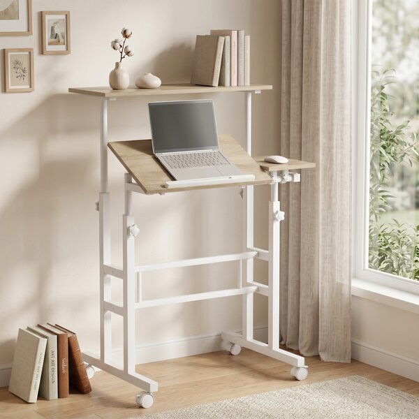 HOMCOM Scrivania sit-stand regolabile con ruote e piano inclinabile, 70x60 cm, marrone | Aosom Italy