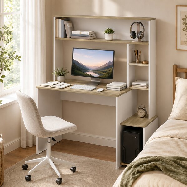 HOMCOM Scrivania per computer con ripiani, supporto monitor e CPU, 114x45x138 cm, bianco e legno | Aosom Italy