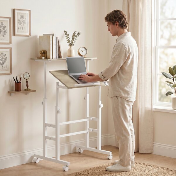 HOMCOM Scrivania sit-stand regolabile con ruote e piano inclinabile, 70x60 cm, marrone | Aosom Italy