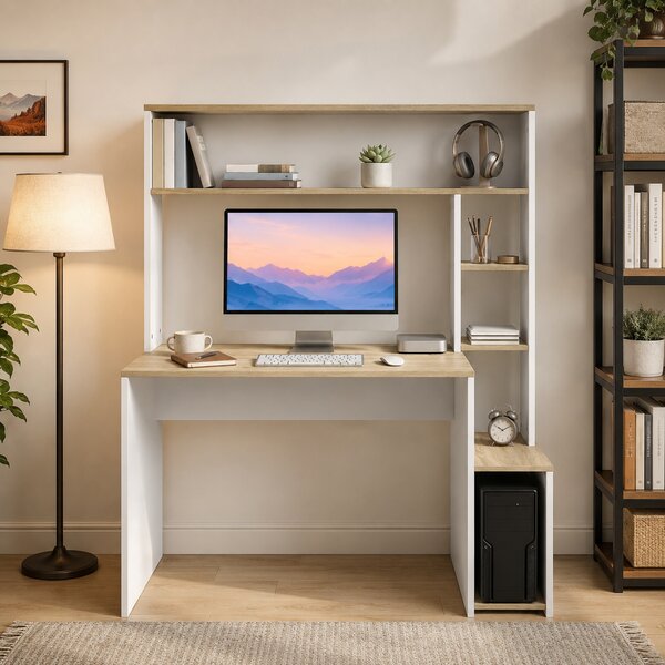 HOMCOM Scrivania per computer con ripiani, supporto monitor e CPU, 114x45x138 cm, bianco e legno | Aosom Italy